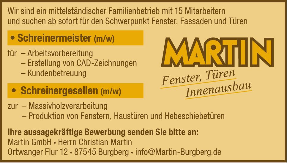 Bundestrainer als Kollege! - Schreinergeselle/in und Schreinermeister/in gesucht